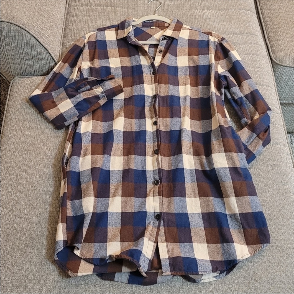 Blue Brown Plaid Button Down Casual Relaxed Dress with Pockets Size Large